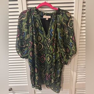 Philosophy Green Ikat-Pattern Puff Sleeve Blouse with Pink & Blue Accents